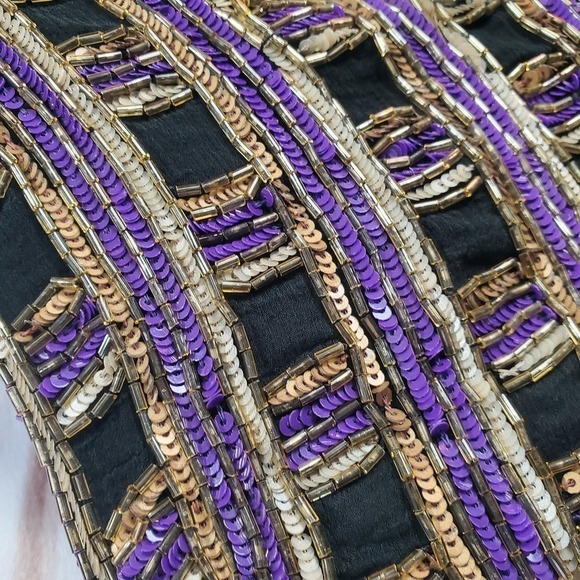 Vintage 80s Silk Beaded Sparkly Black Purple Button Down Blouse Size Medium - Picture 5 of 11